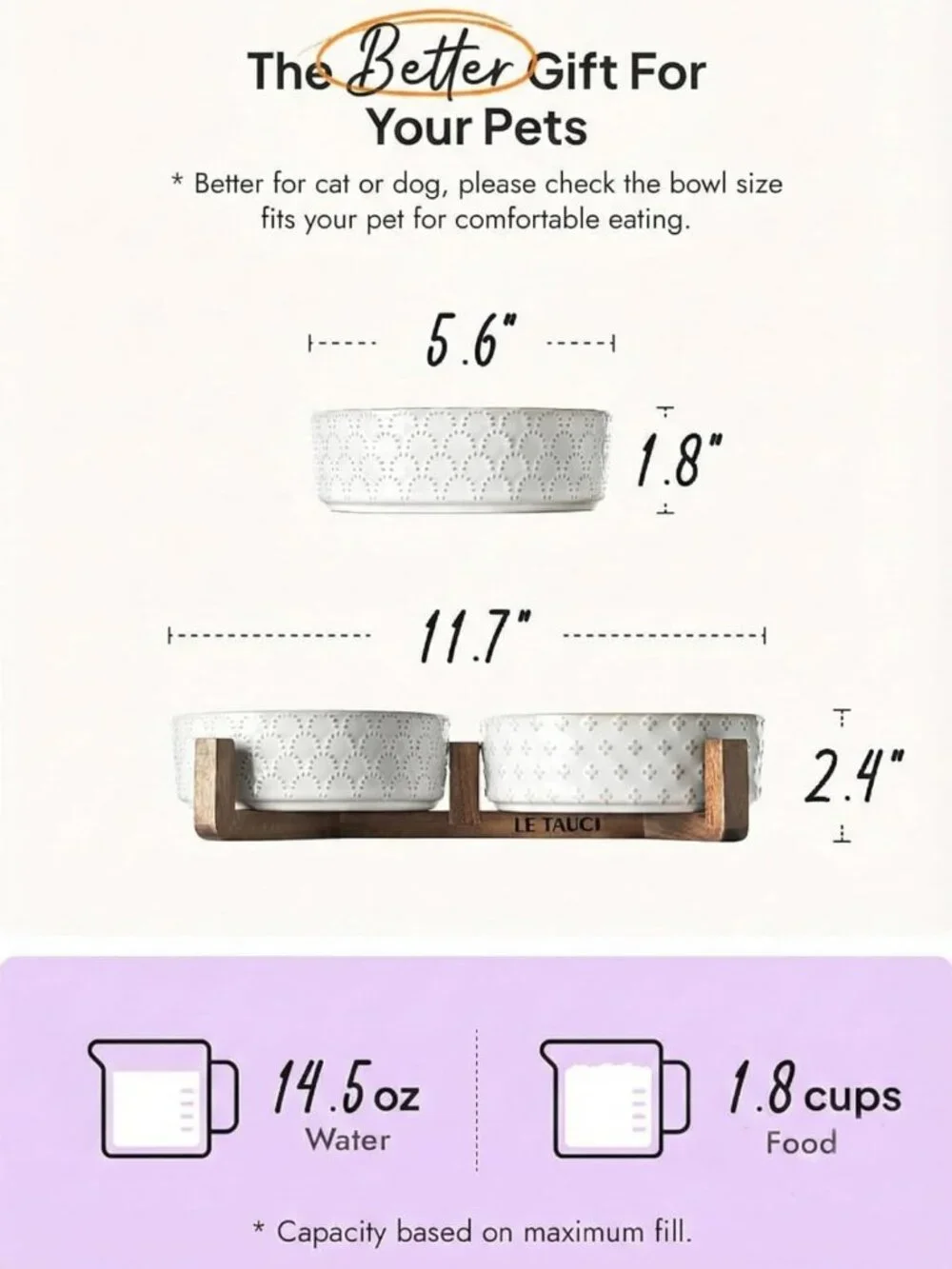 Stylish Dog Bowl Set with Acacia Wood Stand - 1.8-Cup Ceramic Bowls for Small